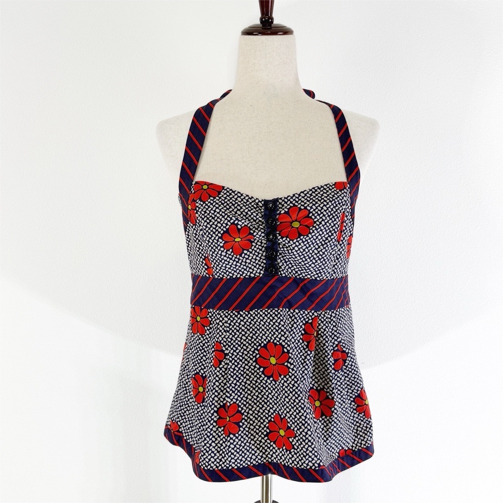 Odille Top Womens 8 Navy Red Floral Halter Pinup Preppy City Festival Retro‎ Y2K